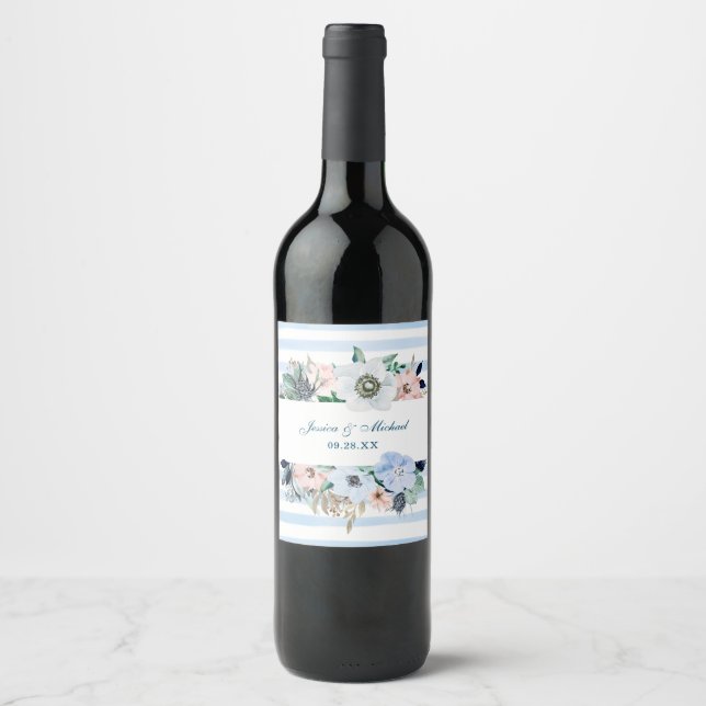 Étiquette Pour Bouteilles De Vin Aquarelle Floral Elégant Bouquet Mariage bleu (Devant)