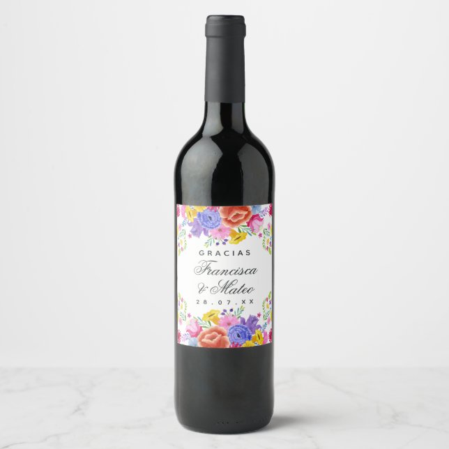 Étiquette Pour Bouteilles De Vin Aquarelle Floral espagnol Mariage Fiesta (Devant)