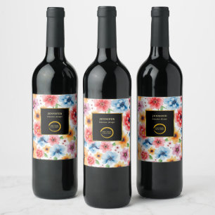 Étiquette Pour Bouteilles De Vin Aquarelle floral noir or ajouter logo professionne
