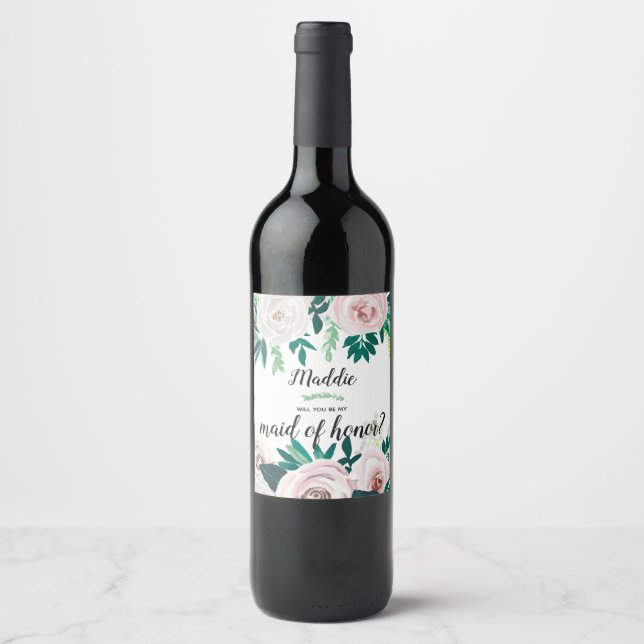 Étiquette Pour Bouteilles De Vin Aquarelle Floral Serez-vous ma femme d'honneur (Devant)