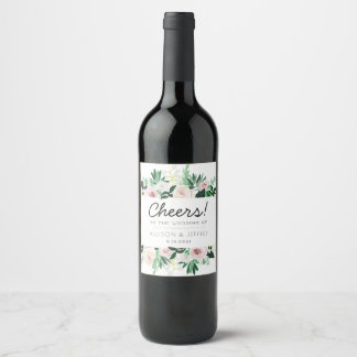 Étiquette Pour Bouteilles De Vin Aquarelle Floral vert Cheers au Mariage