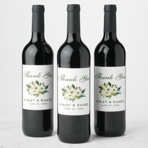 Étiquette Pour Bouteilles De Vin Aquarelle Floral Vert Mariage blanc Merci