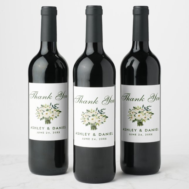 Étiquette Pour Bouteilles De Vin Aquarelle Floral Vert Mariage blanc Merci B (Bouteilles)