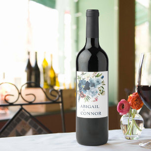 Étiquette Pour Bouteilles De Vin Aquarelle florale élégante marine et bleu poussiér