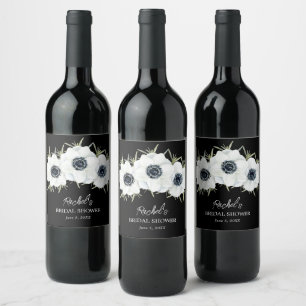 Étiquette Pour Bouteilles De Vin Aquarelle florale noire et blanche