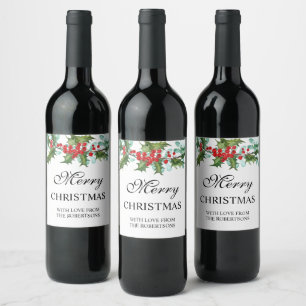 Étiquette Pour Bouteilles De Vin Aquarelle Houx et Baies Joyeux Noël