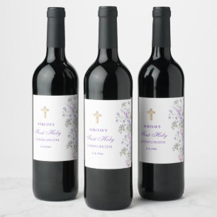 Étiquette Pour Bouteilles De Vin Aquarelle Lilac Fleurs Première communion