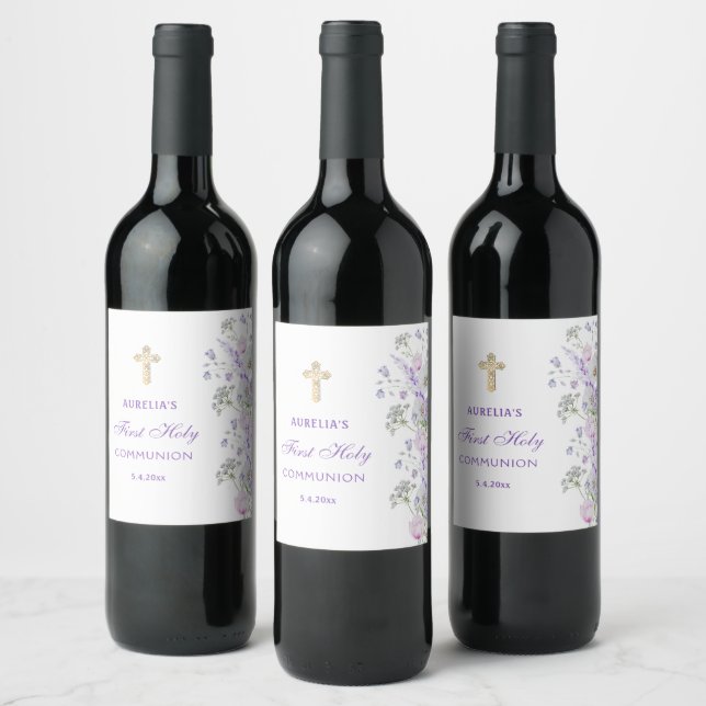 Étiquette Pour Bouteilles De Vin Aquarelle Lilac Fleurs Première communion (Bouteilles)
