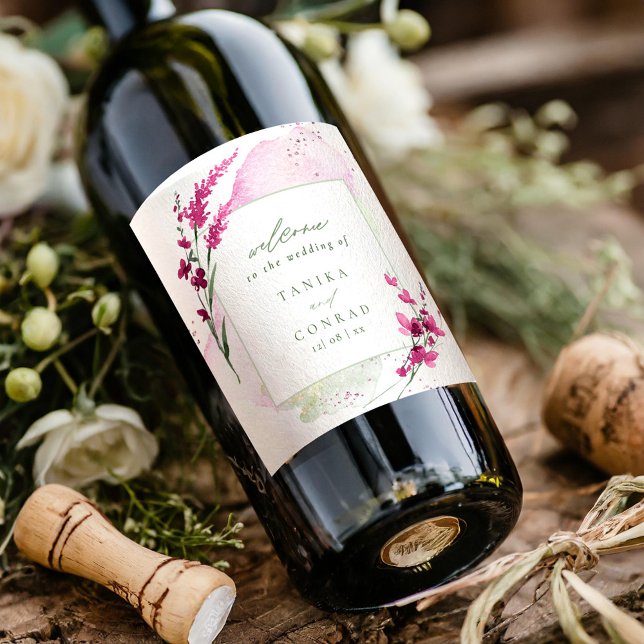 Étiquette Pour Bouteilles De Vin Aquarelle Mariage fleur sauvage Bienvenue Fsia ID9 (Créateur téléchargé)