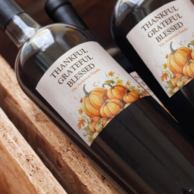Étiquette Pour Bouteilles De Vin Aquarelle mignonne Citrouilles Merci Grateful béni (Créateur téléchargé)