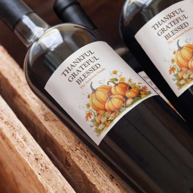 Étiquette Pour Bouteilles De Vin Aquarelle mignonne Citrouilles Merci Grateful béni (Créateur téléchargé)