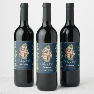 Étiquette Pour Bouteilles De Vin Aquarelle mignonne Sloth & Feuilles tropicaux Anni