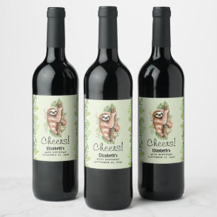 Étiquette Pour Bouteilles De Vin Aquarelle mignonne Sloth & Feuilles tropicaux Anni