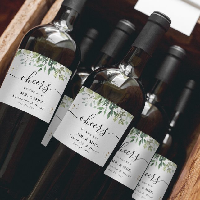 Étiquette Pour Bouteilles De Vin Aquarelle moderne Branche des Feuilles verts (Créateur téléchargé)