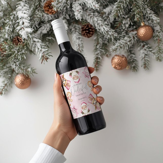 Étiquette Pour Bouteilles De Vin aquarelle Neige rose 1er anniversaire Noël (Créateur téléchargé)