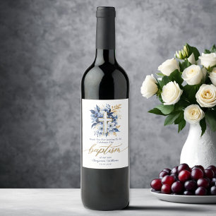 Étiquette Pour Bouteilles De Vin Aquarelle or et bleu Floral Boy Baptême