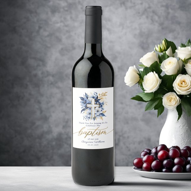 Étiquette Pour Bouteilles De Vin Aquarelle or et bleu Floral Boy Baptême (Créateur téléchargé)