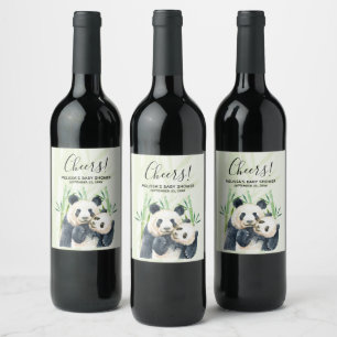 Étiquette Pour Bouteilles De Vin Aquarelle Panda Ours Maman & Bébé en Bambou Douche