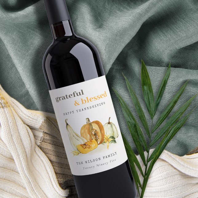 Étiquette Pour Bouteilles De Vin Aquarelle Pastel Soft Floral Citrouille Thanksgivi (Créateur téléchargé)