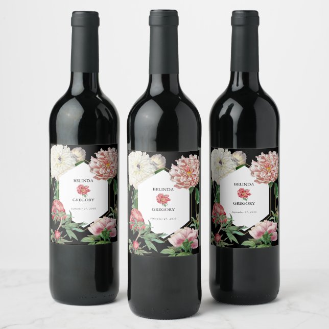 Étiquette Pour Bouteilles De Vin Aquarelle Peonies rose Fleurs Mariage Noir (Bouteilles)