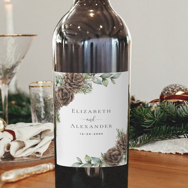 Étiquette Pour Bouteilles De Vin Aquarelle Pine Cône Verdure Mariage d'hiver (Créateur téléchargé)