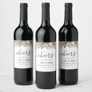 Étiquette Pour Bouteilles De Vin Aquarelle Poinsétitie d'hiver et pin vert
