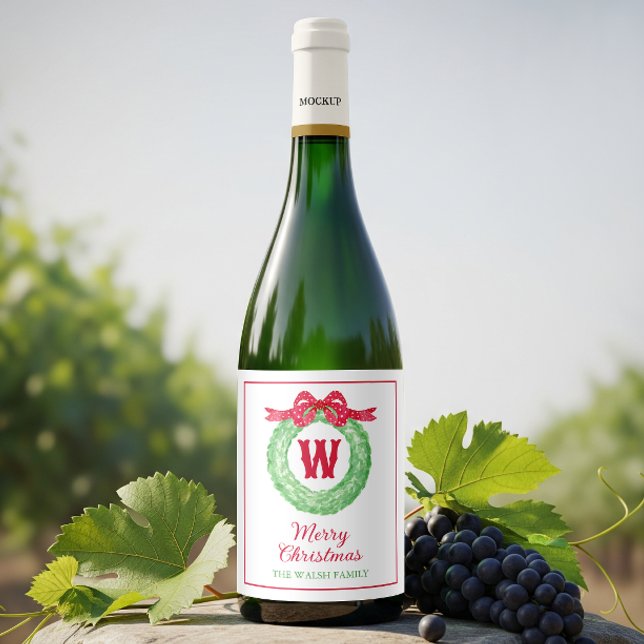 Étiquette Pour Bouteilles De Vin Aquarelle Polka Rouge Pot Bow Monogramme Wreath (Créateur téléchargé)