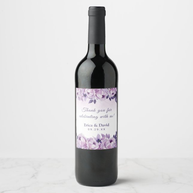 Étiquette Pour Bouteilles De Vin Aquarelle Purple Floral Élégant Mariage de printem (Devant)