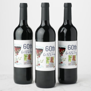 Étiquette Pour Bouteilles De Vin Aquarelle Rose de vin rouge Photo 60e anniversaire