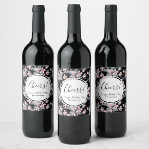 Étiquette Pour Bouteilles De Vin Aquarelle rose et gris Floral Motif Fête des Mères