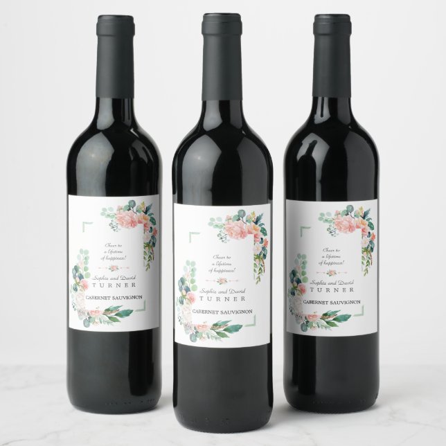 Étiquette Pour Bouteilles De Vin Aquarelle rose Fleurs blanches Mariage cadre vert (Bouteilles)