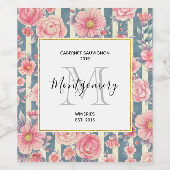 Étiquette Pour Bouteilles De Vin Aquarelle rose Fleurs sur les bandes vinicoles (Étiquettes simples)