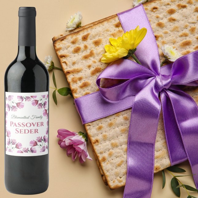 Étiquette Pour Bouteilles De Vin Aquarelle rose Florale Pesach Pessah (Créateur téléchargé)