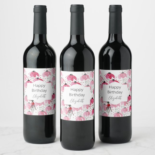 Étiquette Pour Bouteilles De Vin Aquarelle rose rose de mou personnalisée (Bouteilles)