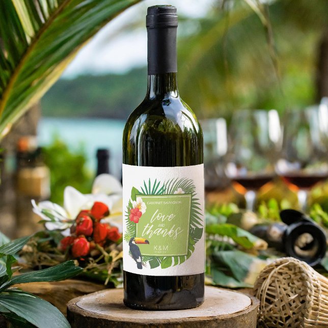 Étiquette Pour Bouteilles De Vin Aquarelle Tropical avec Mariage Toucan Green ID577 (Créateur téléchargé)