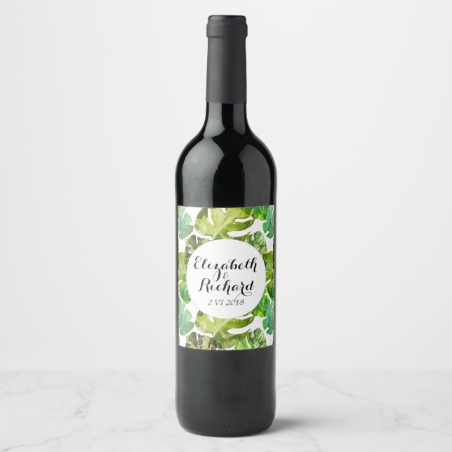 Étiquette Pour Bouteilles De Vin Aquarelle Tropical Feuille mariage monogramme (Devant)