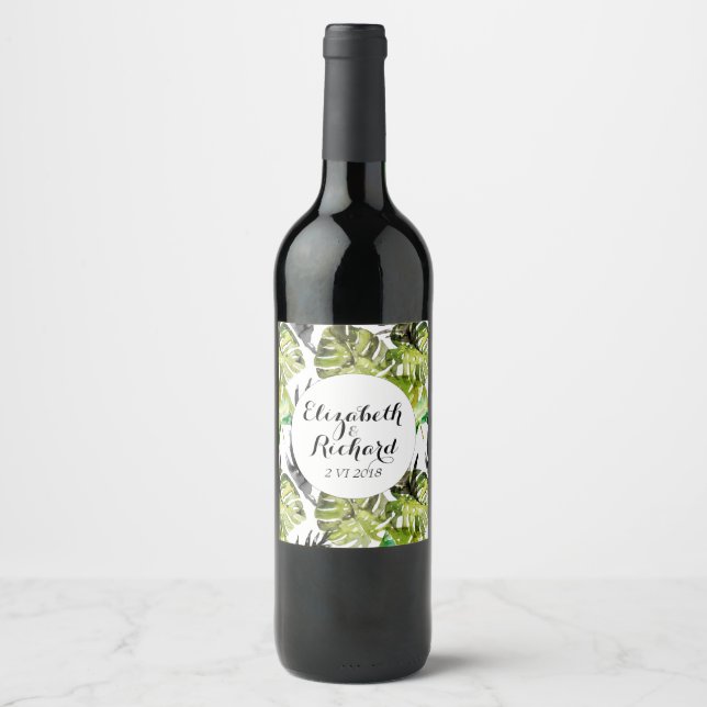 Étiquette Pour Bouteilles De Vin Aquarelle Tropical Feuille mariage monogramme (Devant)