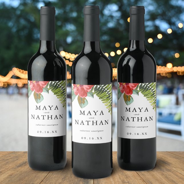 Étiquette Pour Bouteilles De Vin Aquarelle Tropicale Vert Fleur Personnalisé (Tropical Watercolor Flower Greenery Personalized Wine Label)