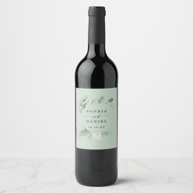 Étiquette Pour Bouteilles De Vin Aquarelle Verdure Mariage Vins Faveurs (Devant)