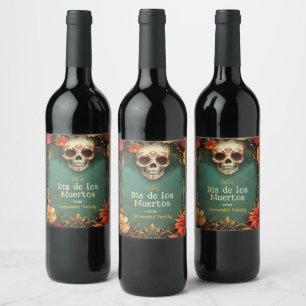Étiquette Pour Bouteilles De Vin 💀 🎉 Aquarelle vert Día de Muertos
