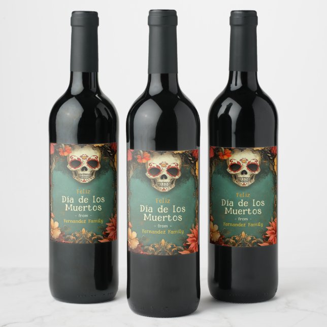 Étiquette Pour Bouteilles De Vin 💀 🎉 Aquarelle vert Día de Muertos (Bouteilles)