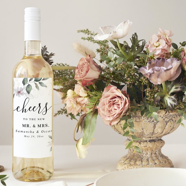 Étiquette Pour Bouteilles De Vin Aquarelle verte douce Feuille et fleur | Or (Créateur téléchargé)