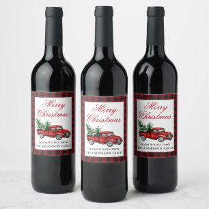 Étiquette Pour Bouteilles De Vin Aquarelle Vintage Camion rouge Joyeux Noël Plaid