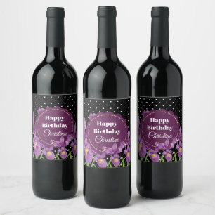 Étiquette Pour Bouteilles De Vin Aquarelle violet Iris noir blanc Pois