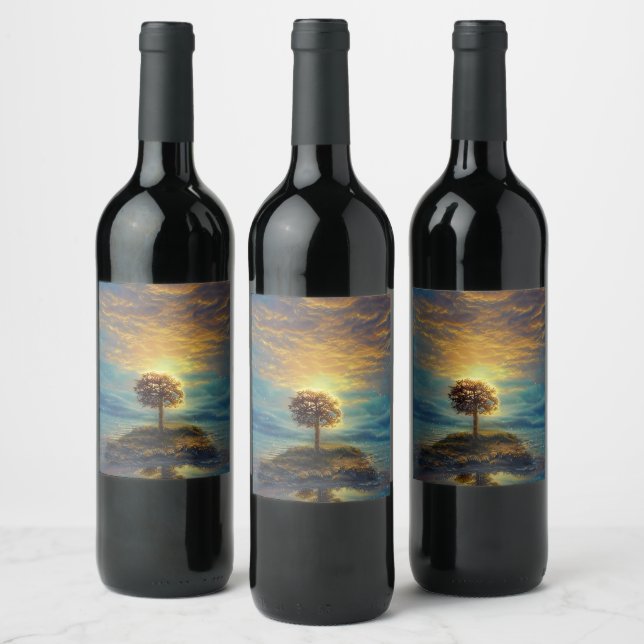 Étiquette Pour Bouteilles De Vin Arbre à coucher de soleil doré (Bouteilles)