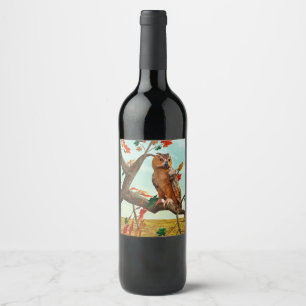 Étiquette Pour Bouteilles De Vin Arbre de l'érable à chouette d'automne Art fauniqu