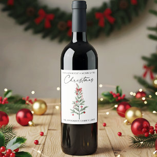 Étiquette Pour Bouteilles De Vin Arbre de Noël à l'aquarelle avec ruban rouge calli