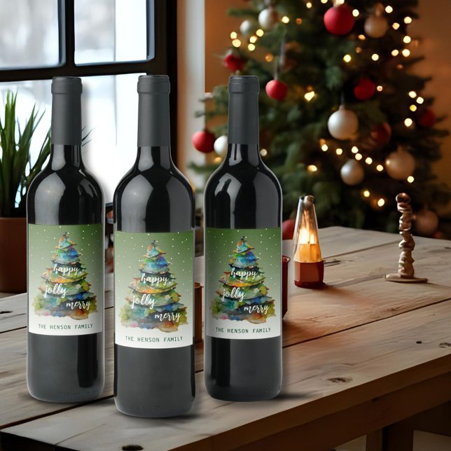 Étiquette Pour Bouteilles De Vin Arbre de Noël Aquarelle Joyeux Jolly Happy (Créateur téléchargé)