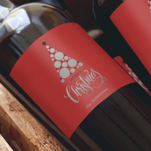 Étiquette Pour Bouteilles De Vin Arbre de Noël Argenté Moderne sur Fond Rouge (Créateur téléchargé)