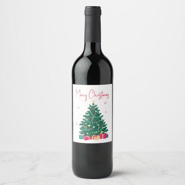 Étiquette Pour Bouteilles De Vin Arbre de Noël avec cadeaux (Devant)